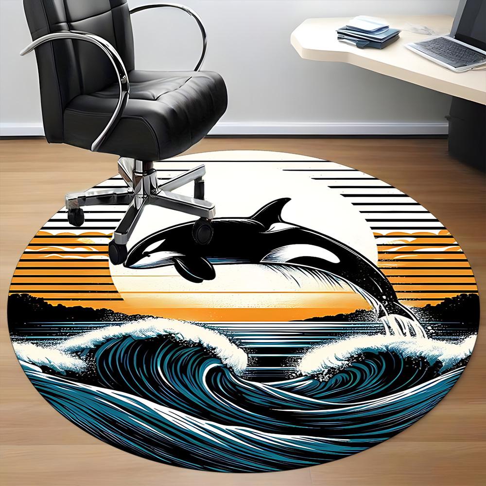 1pc Whale Waves Office Round Area Rug, Indoor Mat Suitable For Office, Under Office Chairs Bedroom Living Room Home Decor, Room Deco