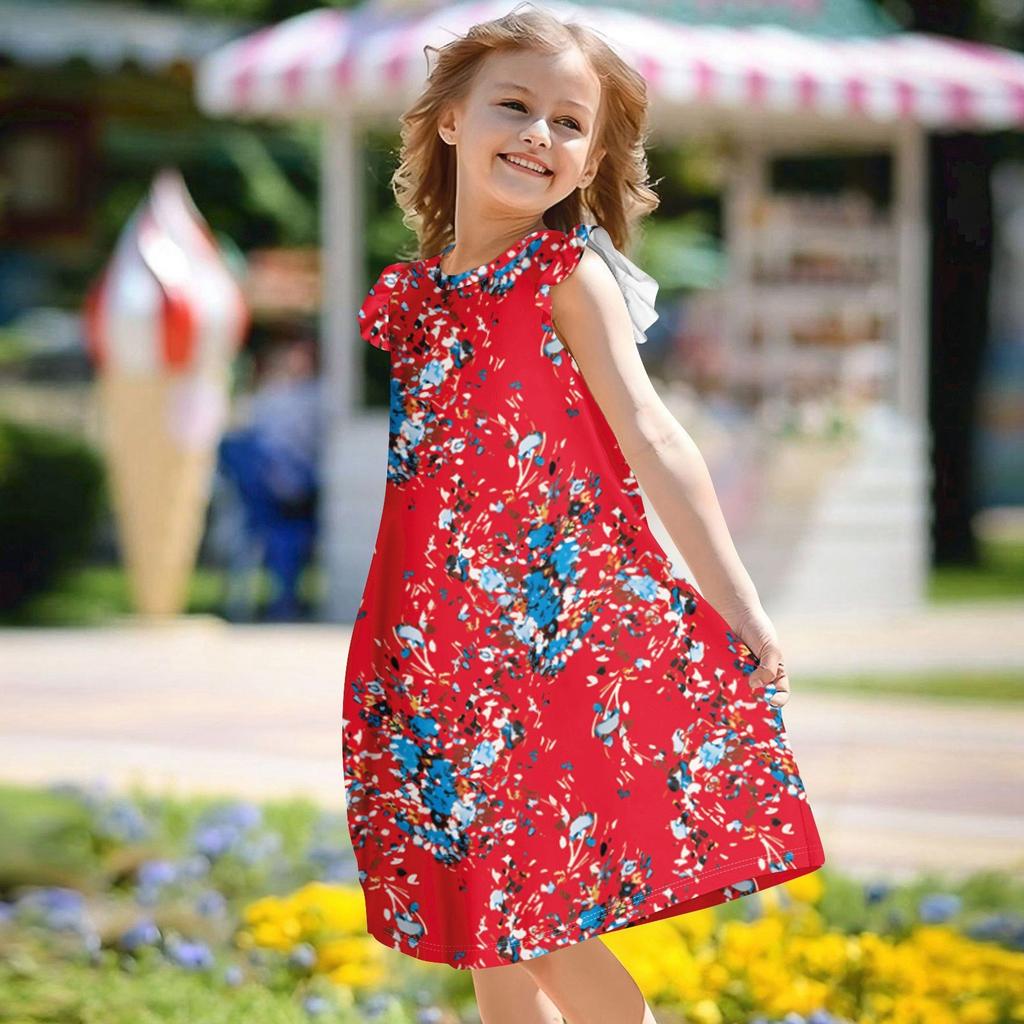 Children's Flying Sleeve Round Neck Summer A-Line Casual Holiday Floral Print Loose Dress