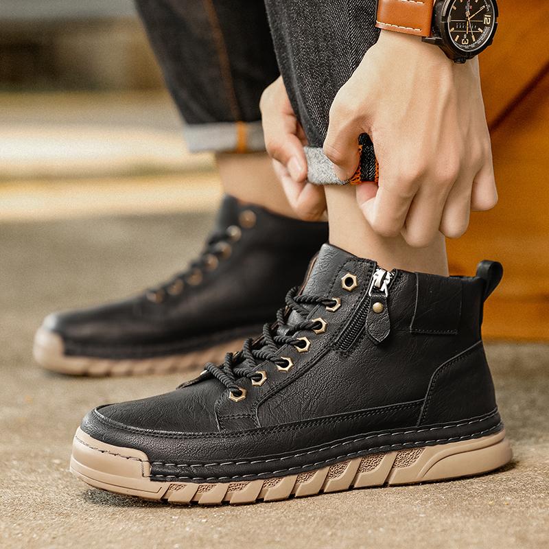 Leather Boots Men High Casual Shoes for Men Trend Zipper Walk Flats Winter Shoes Vulcanized Ankle Boots New