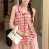 VONDA Women Summer Bow Strap Sleeveless Plaid Print Casual Ruffled Tank Tops