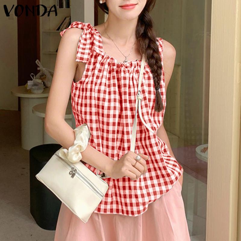 VONDA Women Summer Bow Strap Sleeveless Plaid Print Casual Ruffled Tank Tops