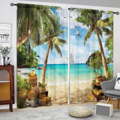 Cortina Estampada de Playa para Decoración del Hogar - Tratamiento de Ventana con Bolsillo para Barra para Dormitorio, Cocina, Sala de Estar