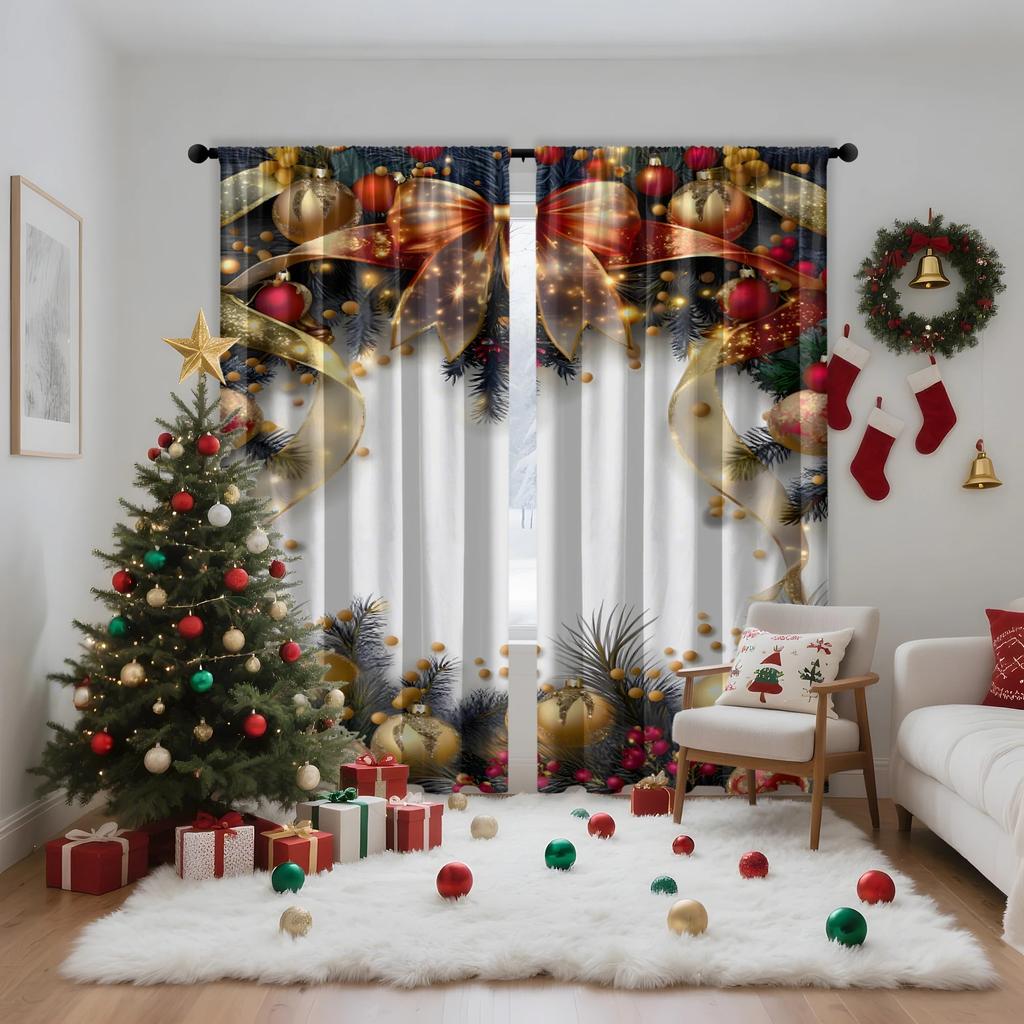 Set Of 2 Jit Festive Ribbon Ornaments Curtain Design Window Treatment Christmas Decor Curtains Light Filtering Made Polyester With Rod Pocket