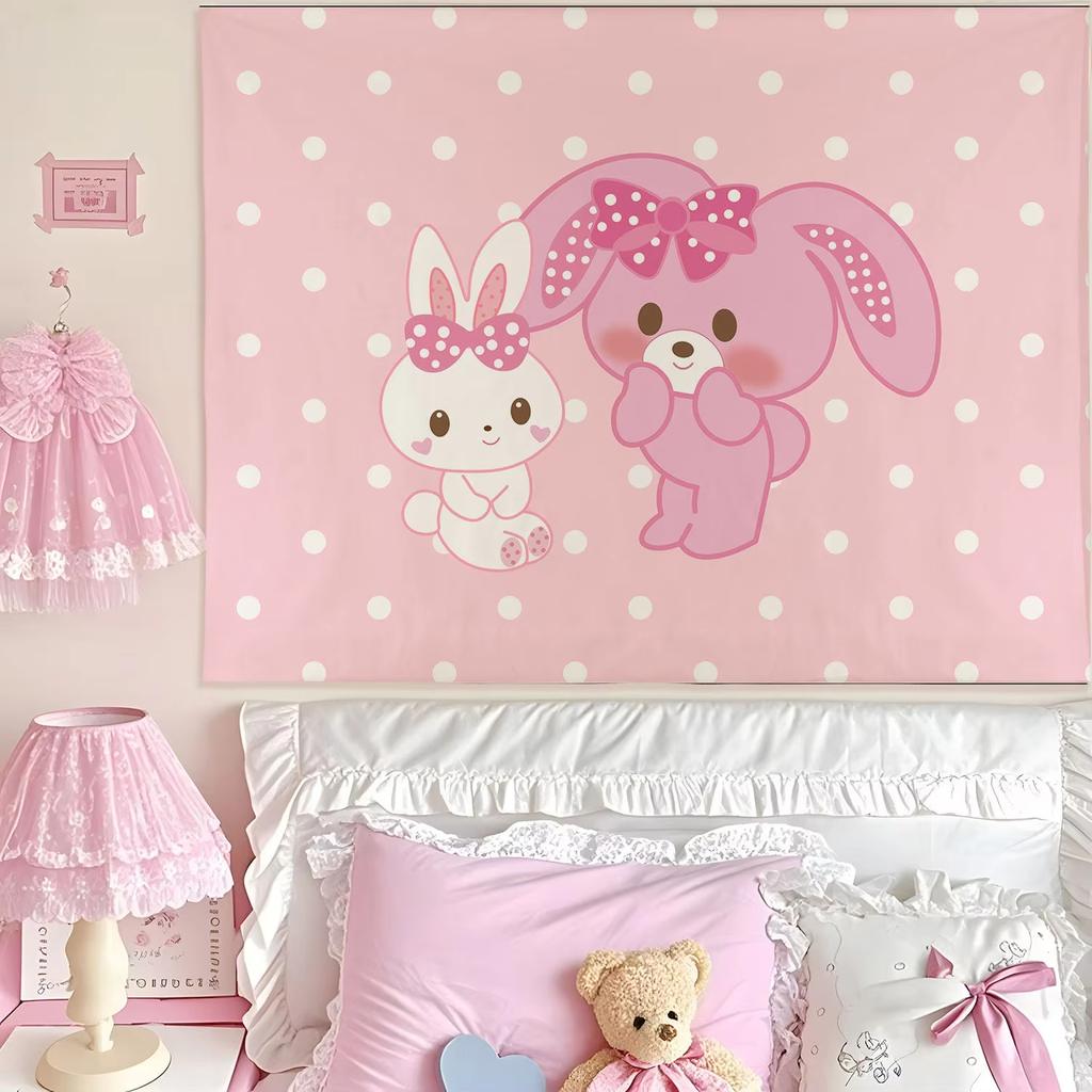 Adorable Sanrio Family Pink Heart Print Tapestry Bedroom Decoration Celebration Background Design Kawaii Anime Home Decoration