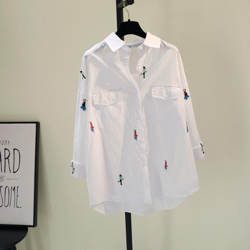 

Белая рубашка Женская одежда Свободная Легче всего сочетать Средней длины Длинные топы Лацкан Мультяшная вышивка Длинные рукава Рубашка для защиты от солнца Мода White One size