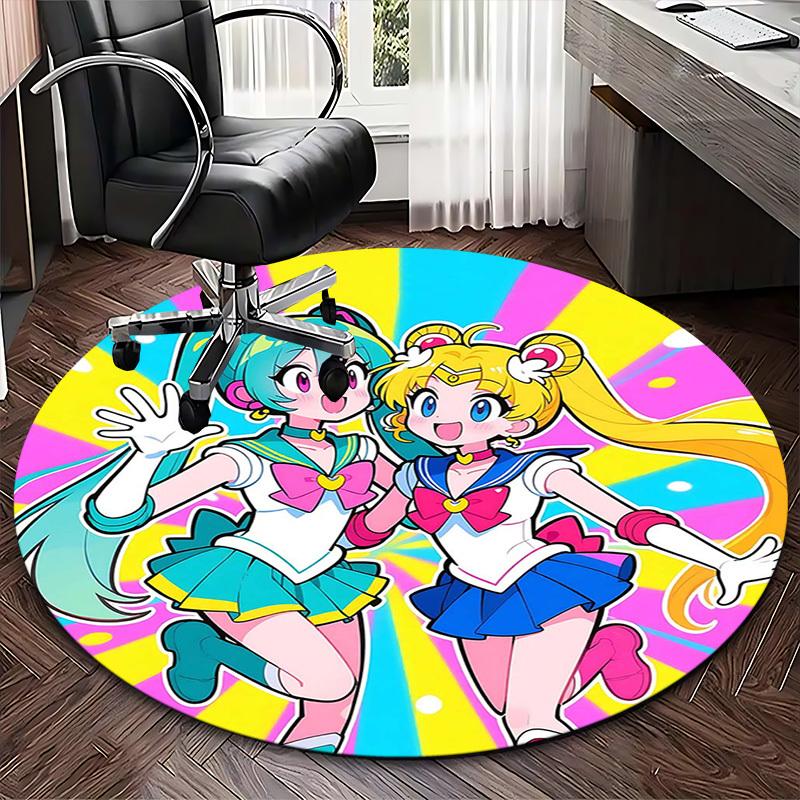 1pc Sailor Moon & Hatsune Miku Anime Cartoon Design Round Carpet - Office Chair Mat, Non-Slip Rug for Home Decor, Living Room, Bedroom, Game Room, Dor