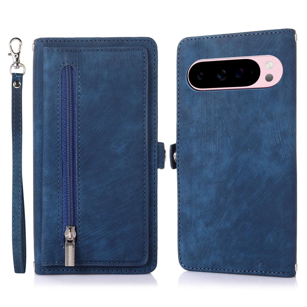 For Google Pixel 10 Pro XL/9 Pro XL Case Zipper Pocket 9 Card Slots PU Leather Phone Cover with Wrist Strap