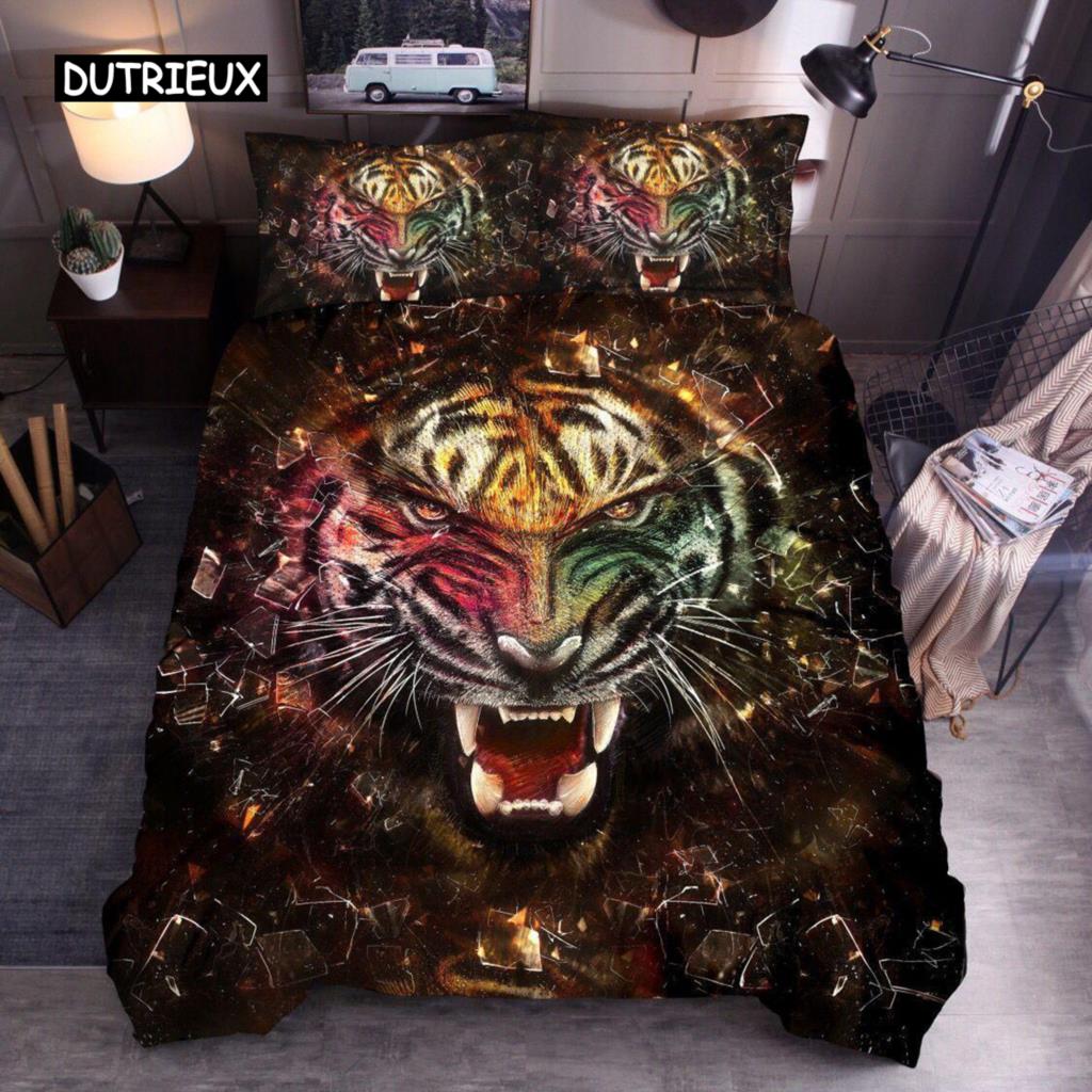 Animal Duvet Cover Set Queen Size Polyester Lightning Lion Pattern Comforter Cover Grey Black Soft Bedding Set For Teen Boys Man
