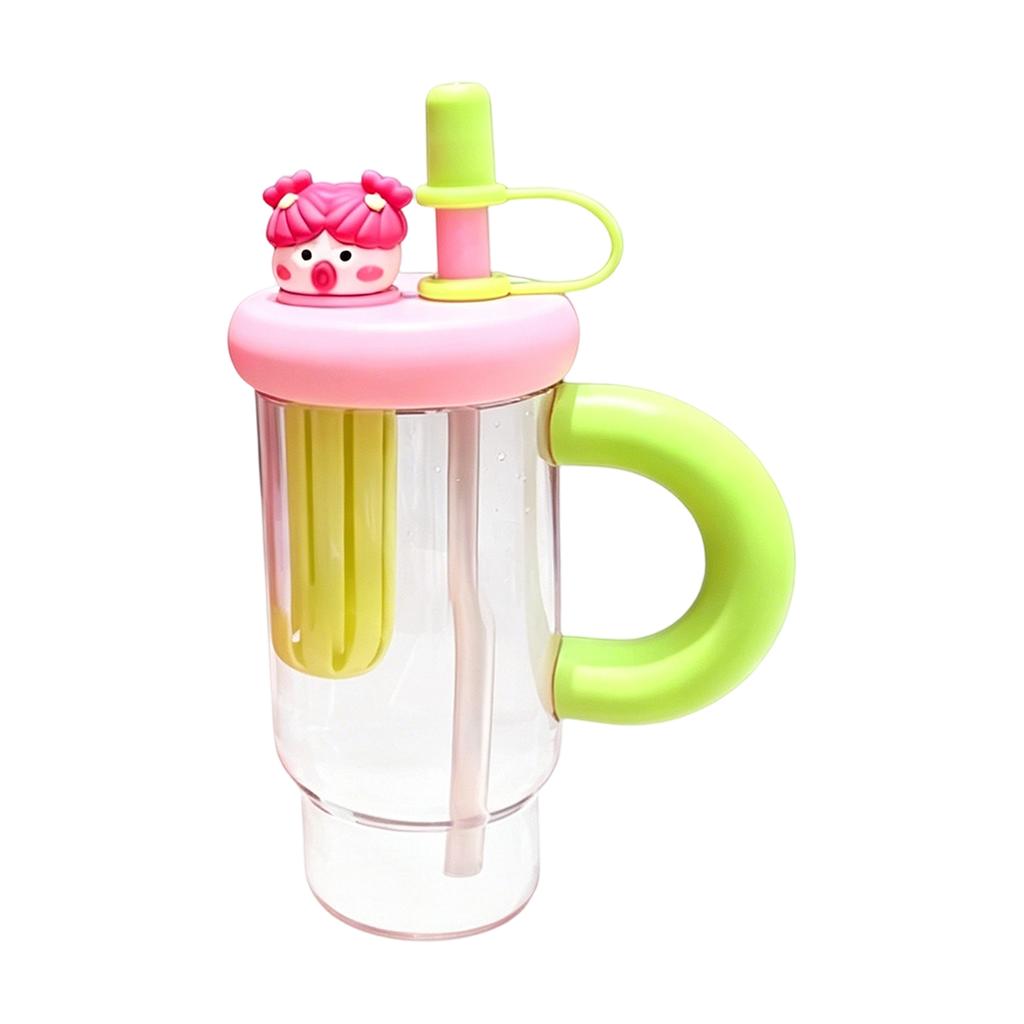 Double Layer Straw Cup with Cartoon Lid Handle Heat Resistant Leak Proof Reusable Water Bottle Cute Doll Handle Insulated Tumbler