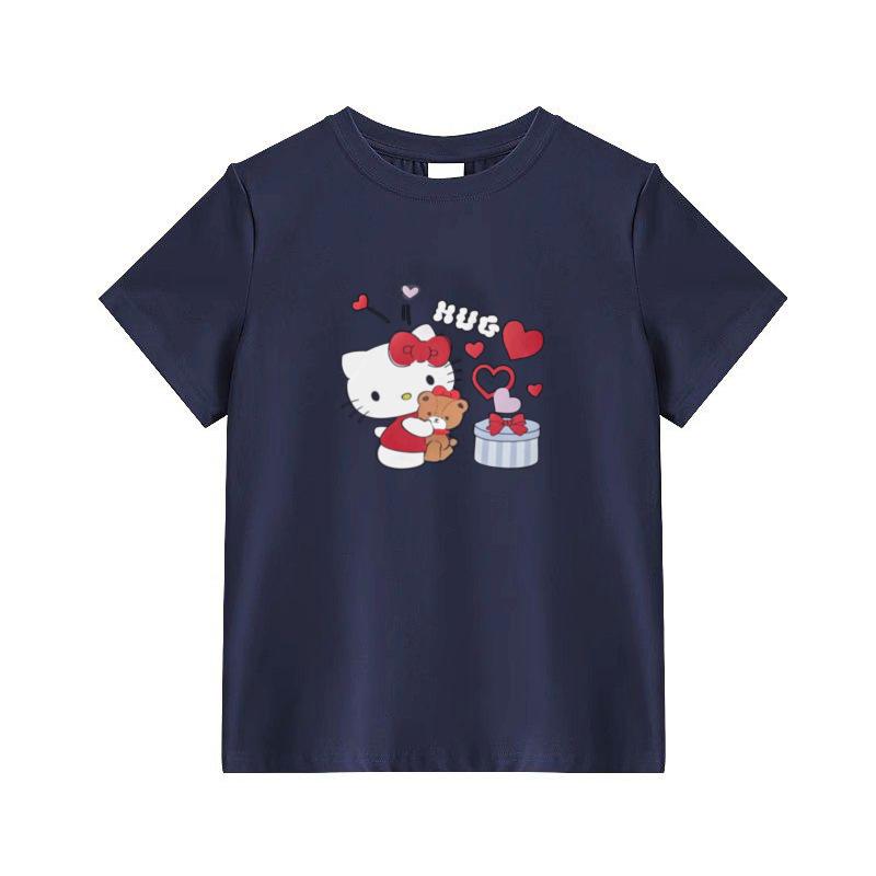 New White Gray Round Neck Front Shoulder Short Sleeve T-shirt Women's American Cartoon Kt Cat Print Pure Cotton Summer Top