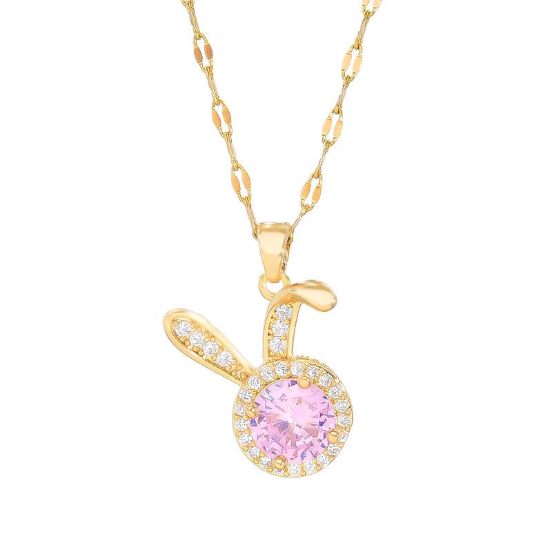 Wind Pink Zirkonium Kaninchen Halskette Damen Leichter Luxus Schlicht Vielseitig Niedlich Mikro-Eingefasster Anhänger