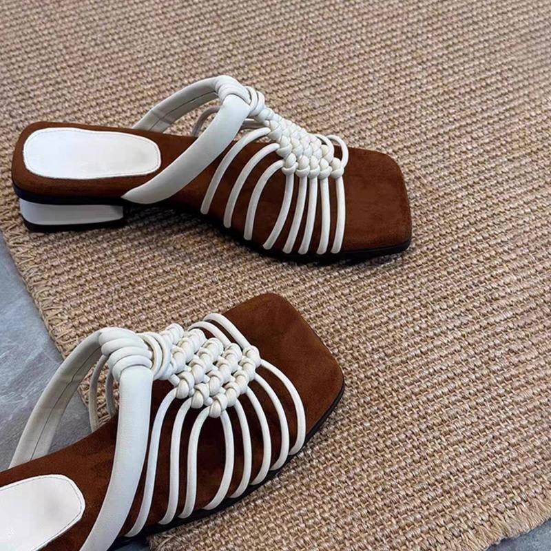 Fashion New Style Fashion Woven Thin Strap Slippers Summer Square Toe Open Toe Cutout Breathable Non-slip Wear-resistant Low Heel Shoes