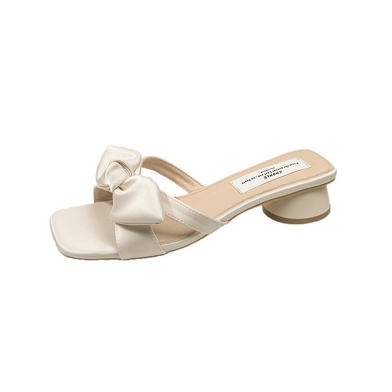 French Bow One-word Slippers Female Summer Wear with Skirt Fairy Sandals High Heels Beach Cool Slippers Women's Shoes