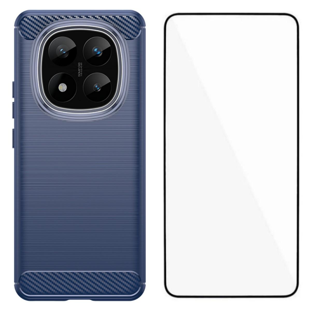 

Чехол для Xiaomi Redmi Note 14 Pro+ 5G с защитной пленкой для экрана WANLONFENG Серия LS Большое отверстие для объектива Текстурированный под шлифованный металл ТПУ чехол для телефона Blue