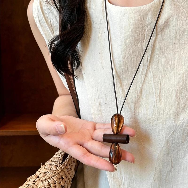 Retro Wood Glass Pendant Necklace Pu Leather Cord Long Sweater Chain Necklace For Women Fashion Jewelry Accessories