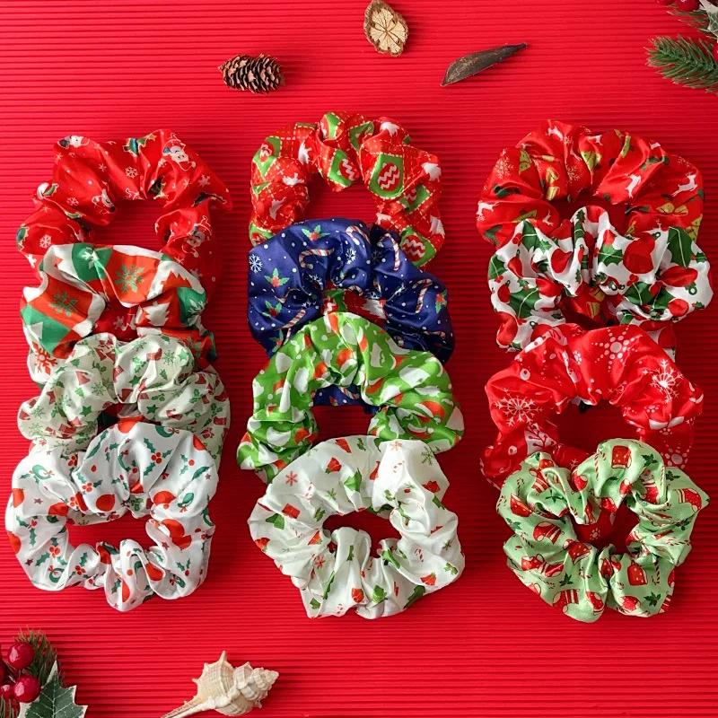 12Pcs Christmas Style Hair Ties Santa Claus Print Satin Scrunchies for Women Girls Trendy Xmas Festiva Party Hair Accessories