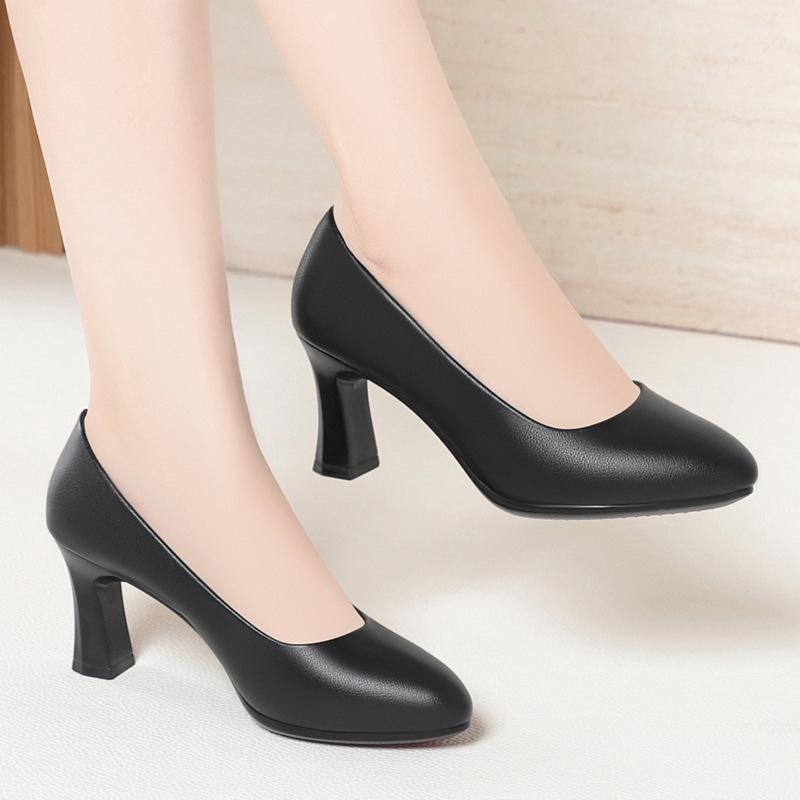 Soft Leather Business Shoes, Long-term Standing Commuting Shoes, Black Soft-soled Leather Shoes, High-heeled Chunky Heels, Lightweight Shoes