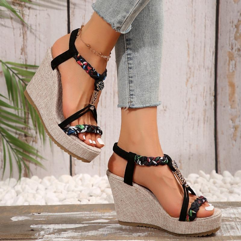 Damen Übergröße Farbblock Gewebte Keilsandalen Hohl Ausgeschnitten Offene Zehen Lässige Sommer Tägliche Schuhe