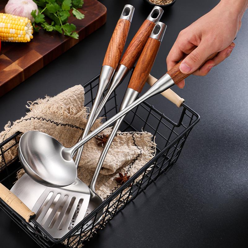 Rosewood Handle Stainless Steel Cookware Set Kitchen Durable Wok Spatula Colander Shovel Cooking Utensil Kitchenware Accessories