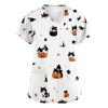 Women's V-Neck Short Sleeve Scrub Top with Pockets, Halloween Print Work Shirt for Clinic and Daily Wear