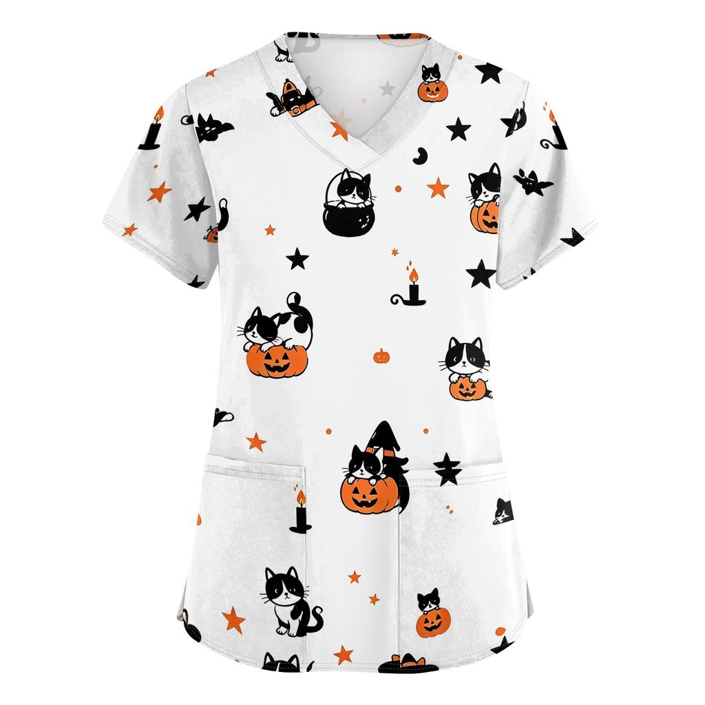 Women's V-Neck Short Sleeve Scrub Top with Pockets, Halloween Print Work Shirt for Clinic and Daily Wear
