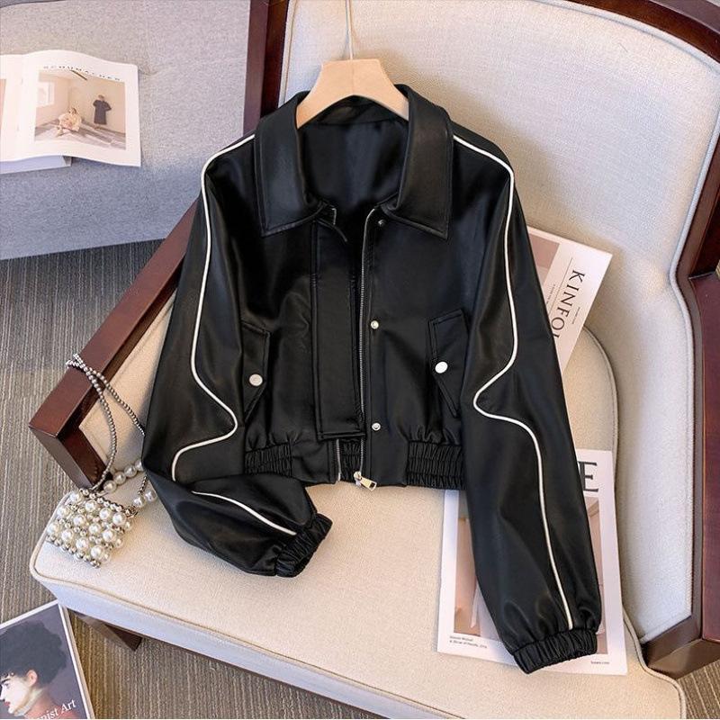 

Женская короткая кожаная куртка, весна и осень, новый стиль, свободная и универсальная мотоциклетная кожаная куртка S