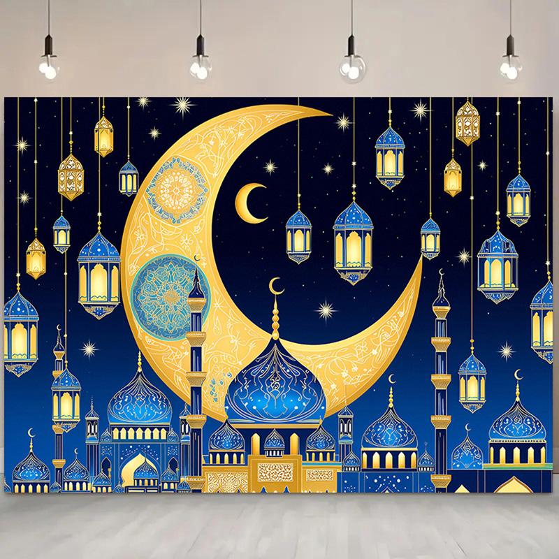 Photo Backdrop Blue Eid Al-Adha Backdrop Ramadan Mubarak Islamic Muslim Festival Background for Studio Photography,Party,Event Supplies