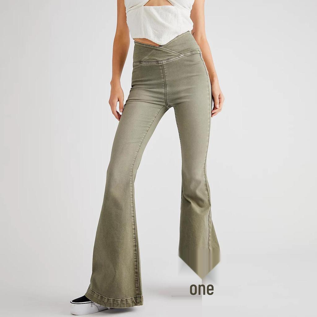 2023 Women's Slimming Elastic Bell Bottom Denim Jeans with Irregular Waist - Style SU3481