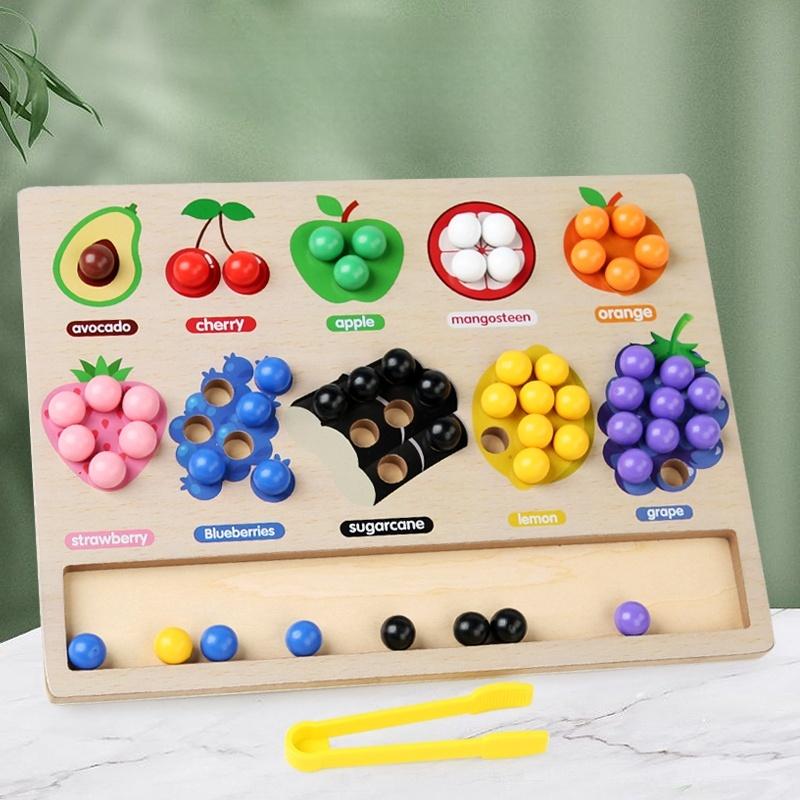 Montessori Matching&Sorting Game Wooden Fruit Clip Beads Color Shape Sensory Sorter for Kids Fine Motor Skills Early Education