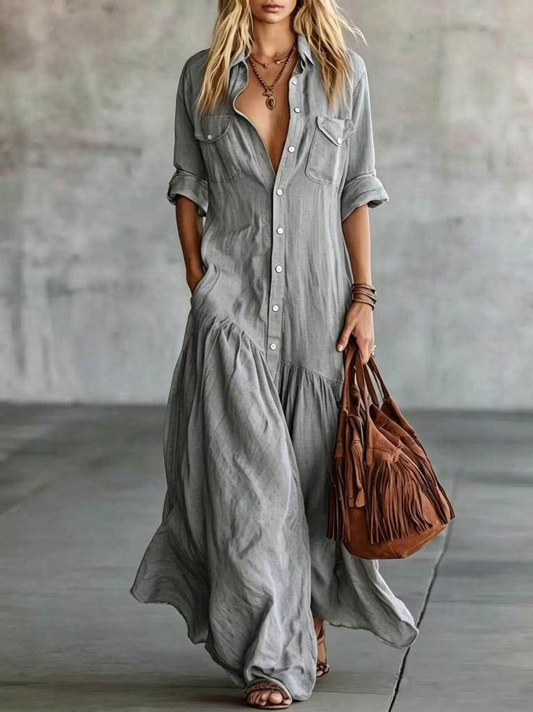 2026 Damen Sommer Patchwork Knopfleisten Hemdkleid