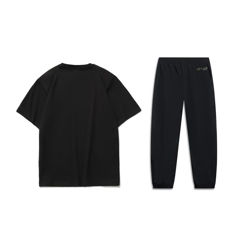 Li Ning Logo Print Round Neck Short Sleeve T-Shirt And Cuffed Casual Sports Set Men Sets Black AHST469-2+AYKT415-1