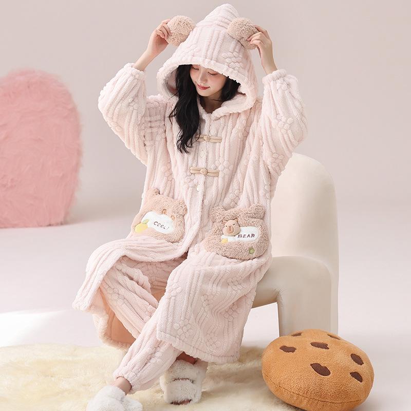 Women's Winter Plus Velvet Coral Fleece Nightgown - Cute Thick Flannel Home Wear