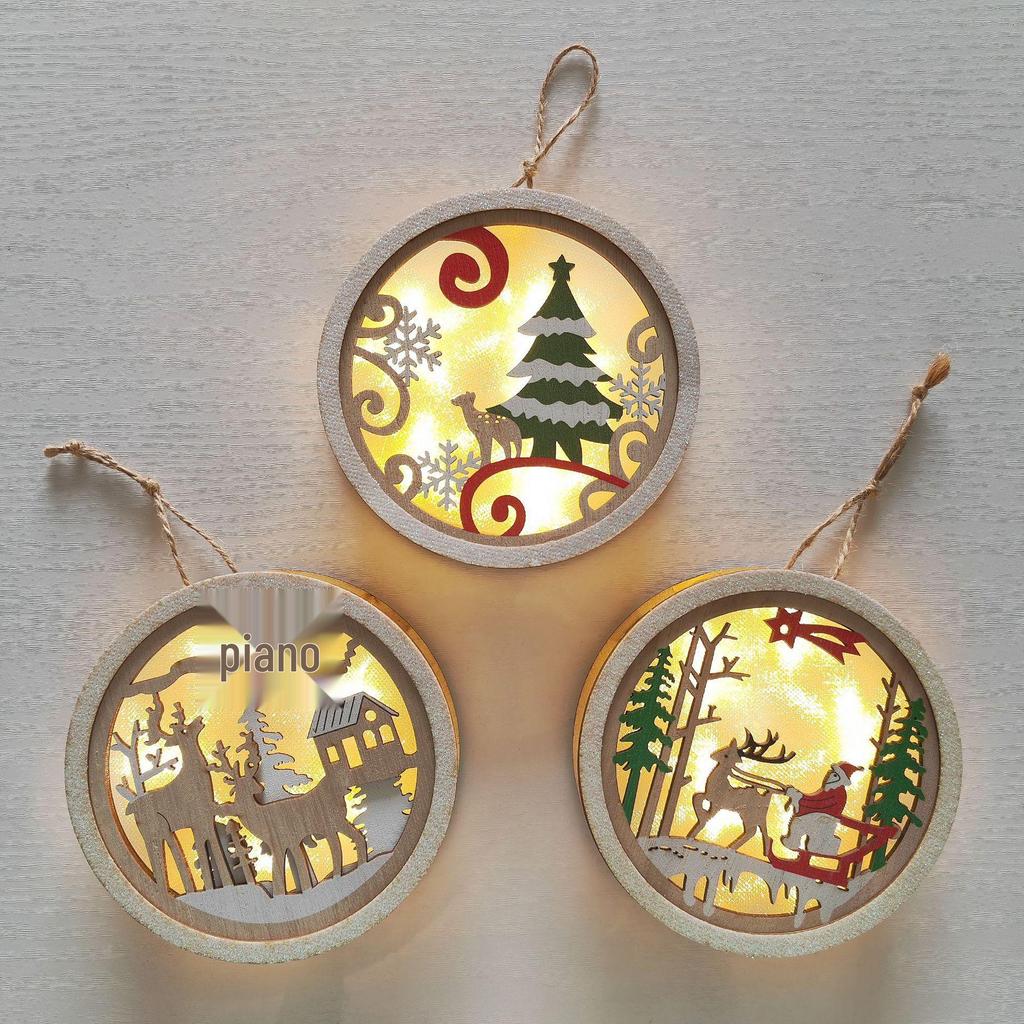Christmas Tree Lights & Wooden Pendants - Elk & Santa Claus Decor