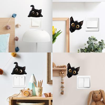 Kreskówkowy Podglądający Czarny Kot Sypialnia Salon Włącznik Naklejki Ścienne Upiększające Tło Domowe