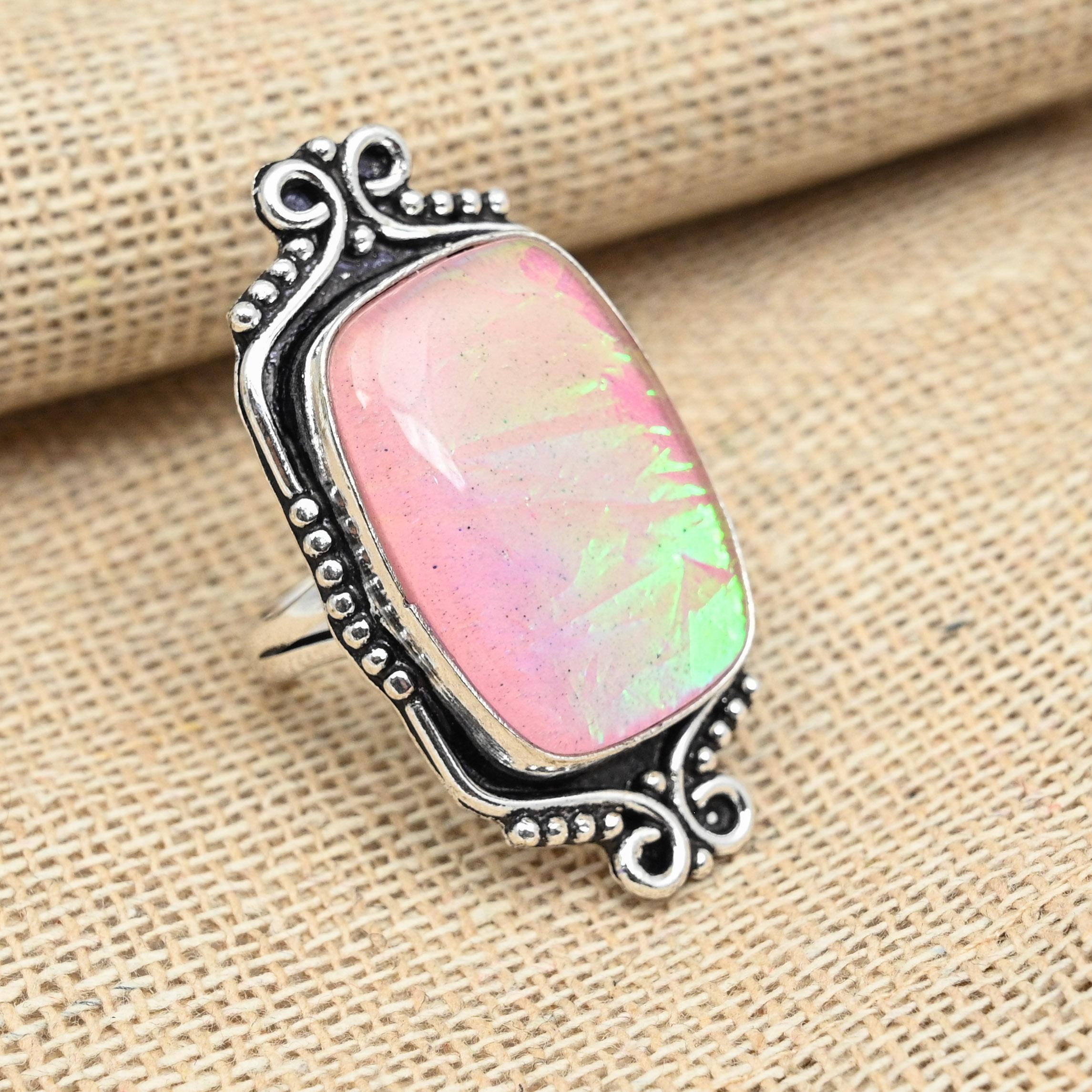 

Ювелирное кольцо из стерлингового серебра 925 пробы AAA + с розовым тройным опалом ручной работы для женщин 12 розовый