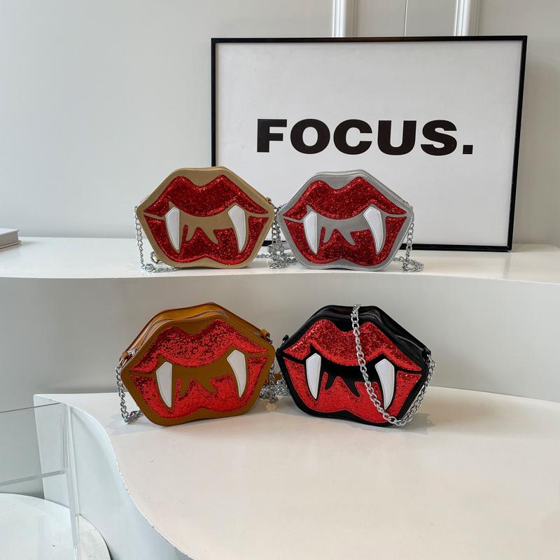 Personality Trendy Women's Shoulder Bag Flame Red Lips Vampire Sequin Decoration Female Messenger Bag For Halloween Party