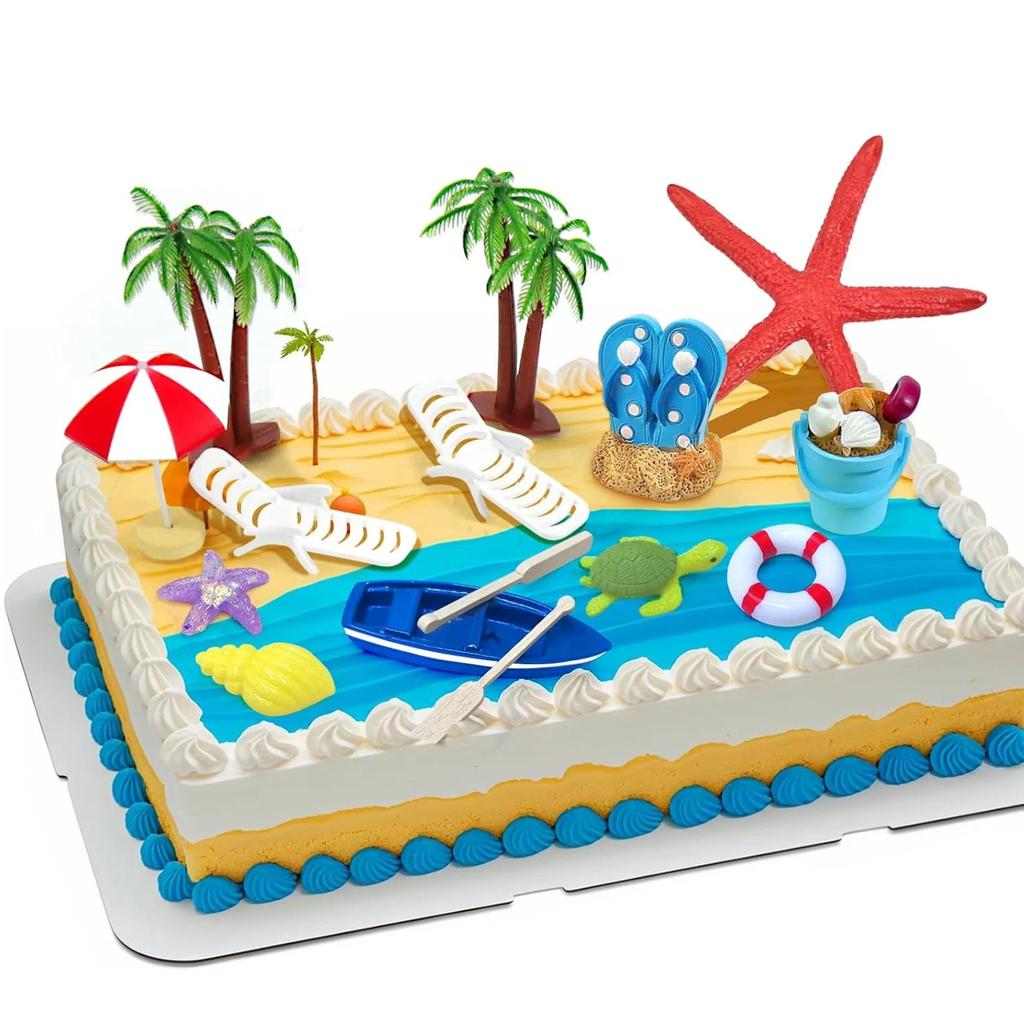 15 Pcs Summer Beach Cake Decoration Chair Palm Tree Summer Ocean Cake Toppers Hawaiian Aloha Luau Theme Decorations Supplies