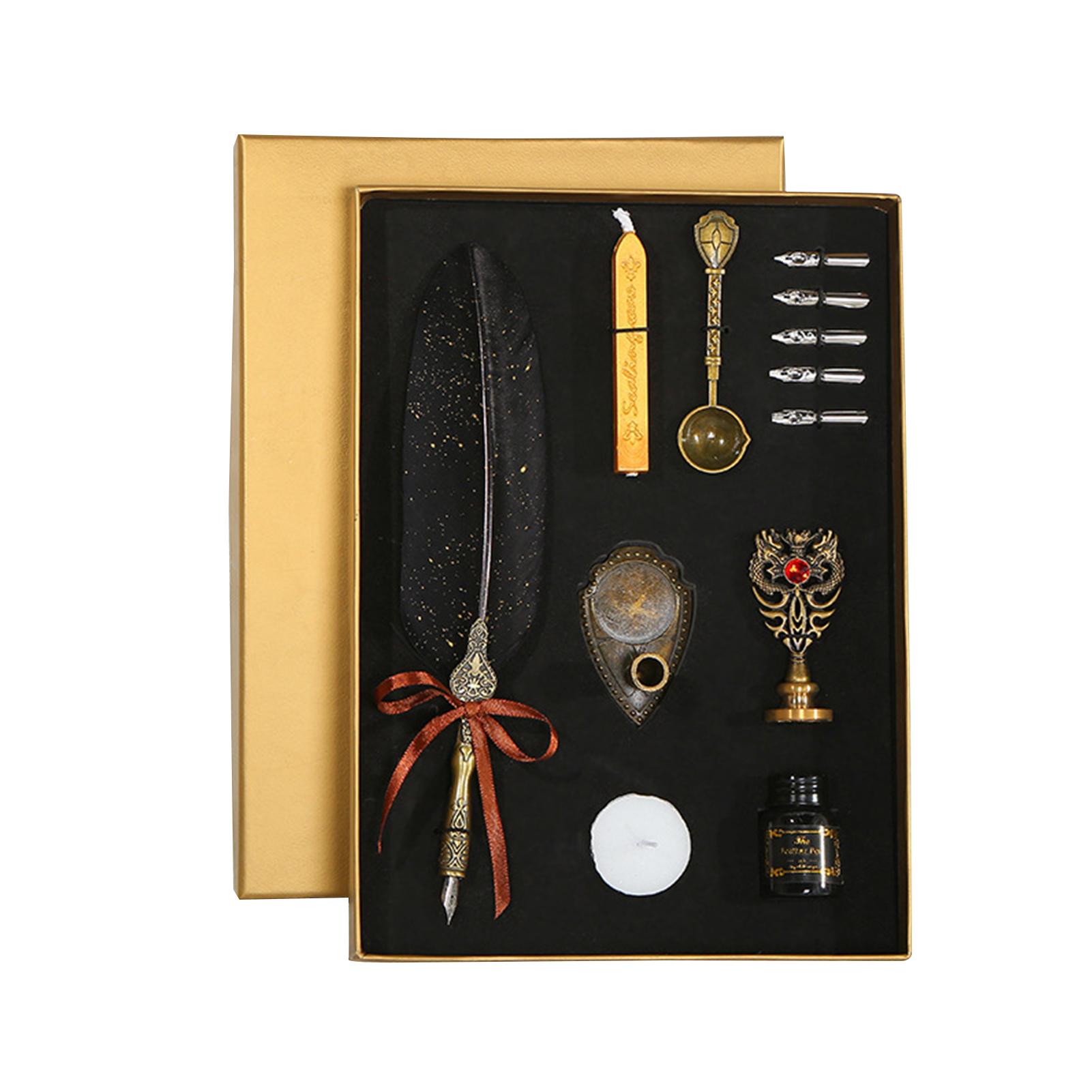 

Винтажная перьевая ручка и набор чернил, блестящее гусиное перо, перьевая ручка, каллиграфическая ручка для письма чёрный