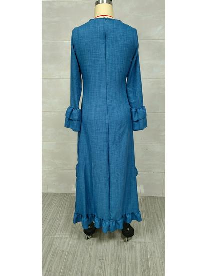 Women's Bohemian Pleated Ruffle Hem V-Neck Maxi Dress