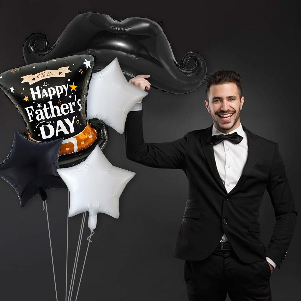 4Pcs Father's Day Foil Balloon Set, Large Gentleman Top Hat & Mustache Mylar Balloons, 18-Inch Star Balloons, Elegant Party Deco