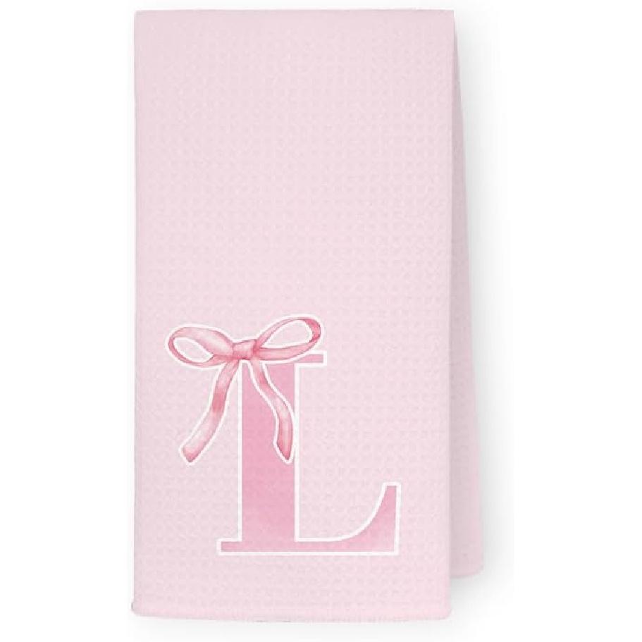 Coquette Pink Bows Personalized Kitchen Towels, Initial K Letter Decor, Pink Monogrammed Hand Towels for Bathroom, Sweet Dish Towels for Kitchen