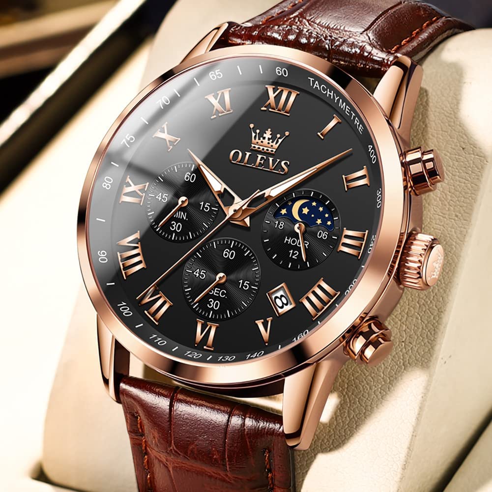OLEVS Leather Day of the Black Men's Wristwatch, Waterproof, Analog, Stylish, Simple, Quartz, Lightweight, Brown, Date, Week,