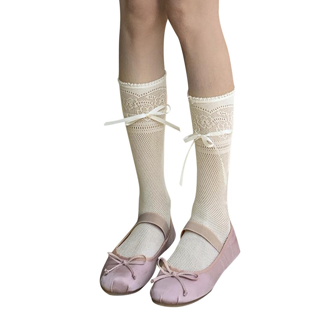 Japanese Style Sweet Hollow-Out Floral Lace Over Calf Long Socks Student Girls Cute Bowknot Frilly Stockings for Women