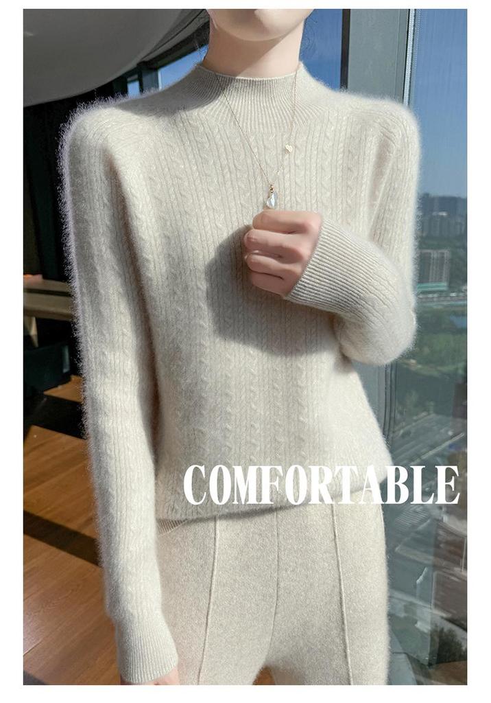 Women's 100% Wool Half-High Collar Cable Knit Pullover Sweater