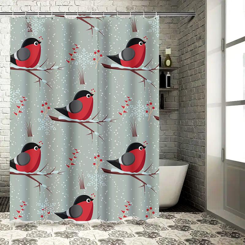 Modern Christmas Decor Shower Curtainred Robin Pattern Snowflake Print Waterproof Fabric Bathroom Decorations Hanging Rod 72X78I