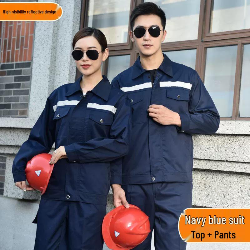 Reflective Polyester Cotton Workwear Set - Durable, Dirt-Resistant Clothes for Spring and Autumn Construction and Workshop Use