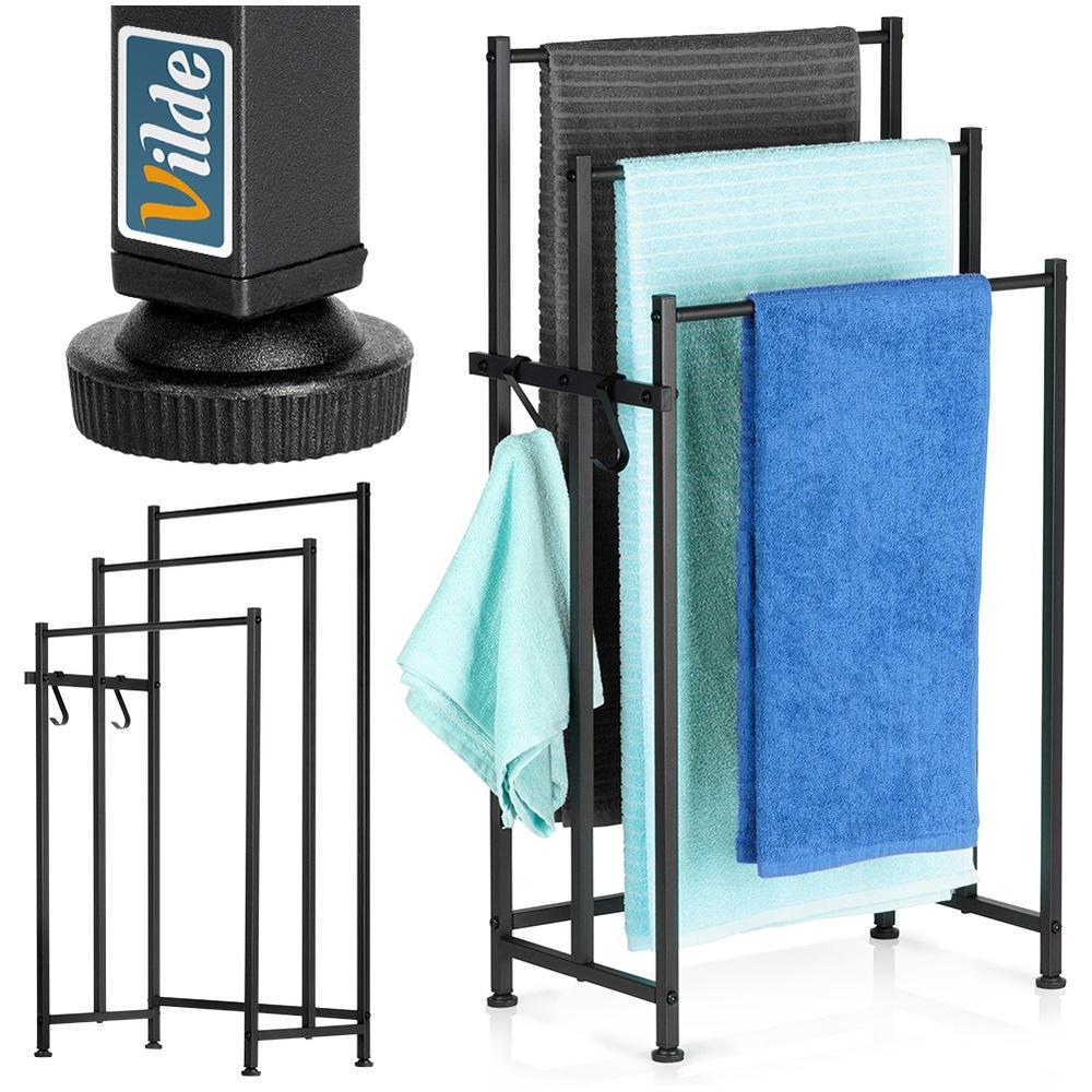3-Tier Black Metal Standing Towel Rack with Hooks 84cm
