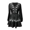Women's Fashionable Casual Embroidered Deep V-Neck Long-Sleeved Dress