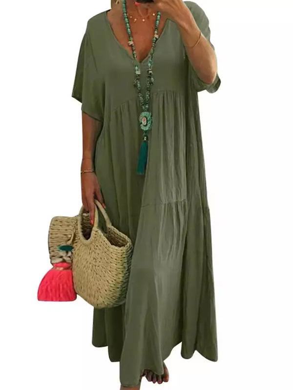 European & American Plus Size V-neck Pure Cotton & Linen Short Sleeve Dress