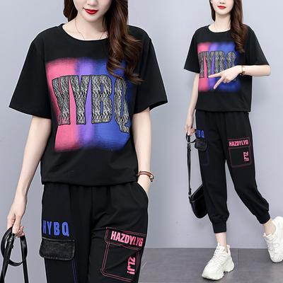 Plus Size 4XL Women's Summer Loose Fashion Casual Suit Cowgirl Printed Short-sleeved Two-piece Suit